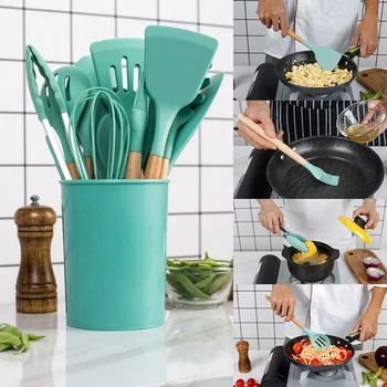 

1Set Wooden Handle Silicone Kitchenware Cookware Spatula Spoon Brush Pasta Colander