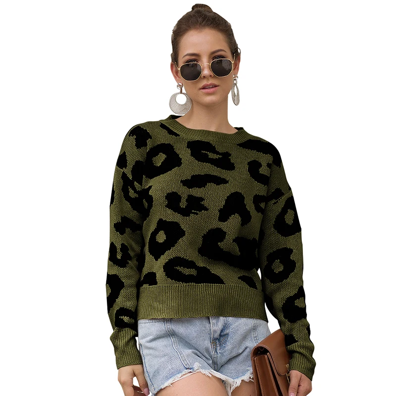 Женский свитер осенний свитер с длинными рукавами и леопардовым принтом зимние модные повседневные свободные рубашки с круглым вырезом - Цвет: Army Green