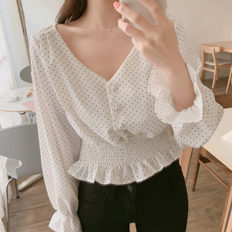 Vintage V-neck Flare Sleeve Polka Dot Women Blouse Shirts Elegant Front Buttons Slim Waist Ruffles Female Blouse blusas 6602 50 Vintage V-neck Flare Sleeve Polka Dot Women Blouse Shirts Elegant Front Buttons Slim Waist Ruffles Female Blouse blusas 6602 50
