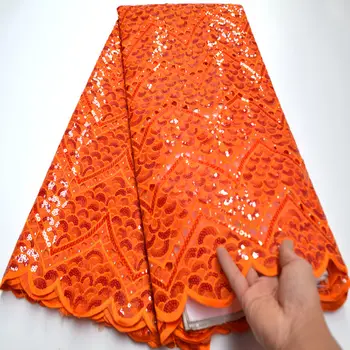 

sequins african organza lace fabric 2020 high quality lace Orange hand cut Elegant french lace fabric with lots of stones Ki068