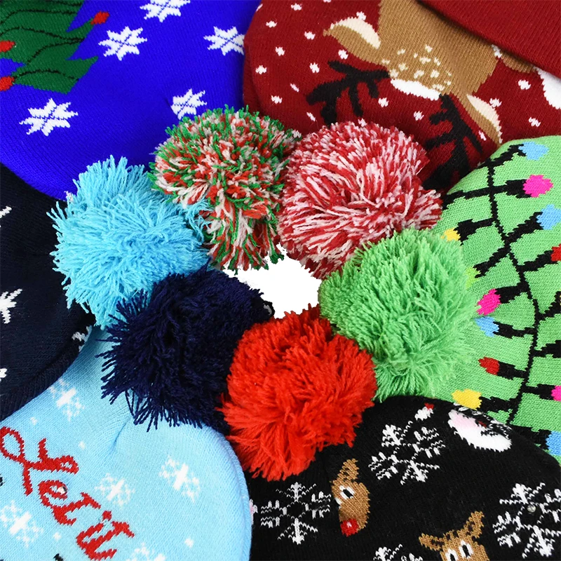 Creative Colorful Led Light Christmas Hat Cartoon Pattern Knitted Hat For Children Adult Xmas Festival Party New Year Decoration