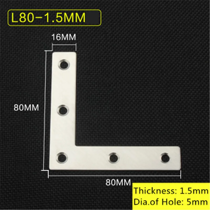 L80-1.5mm 5 шт./лот, толщина 1,5 мм, LT форма, нержавеющая сталь, плоский угол, кронштейн, поддержка, угловой кронштейн, мебельная фурнитура, разъемы - Цвет: L80-1.5mm