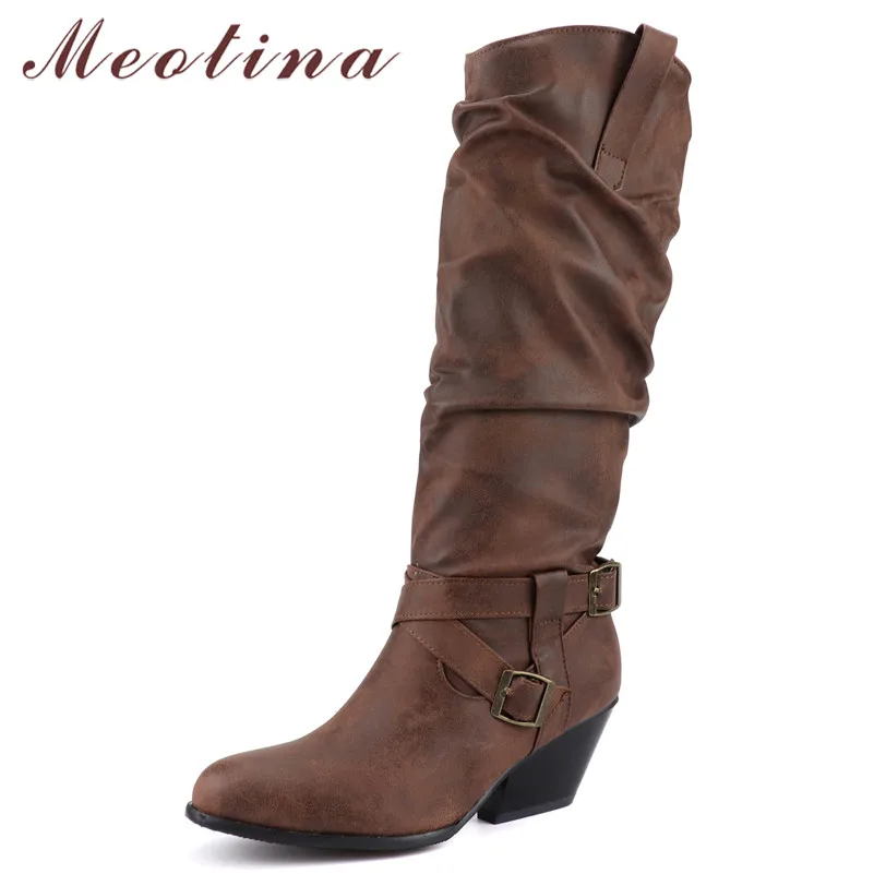 

Meotina Winter Western Boots Women Buckle Thick Heels Knee High Boots Pleated Round Toe Tall Shoes Female Autumn Plus Size 34-46