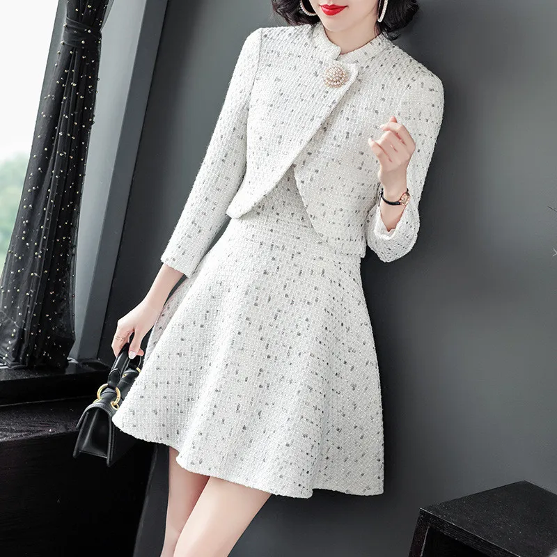 High Quality Runway Fashion Fall Winter Dress Woman Clothes New Elegant Short Tweed Woolen Jacket+Tank Dress 2piece Sets