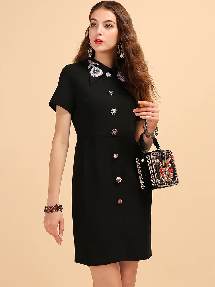 LD Linda della мода взлетно-посадочной Винтаж черные платья Для женщин короткий рукав и кристальными пуговицами, Бисер в элегантном офисном стиле, женская одежда