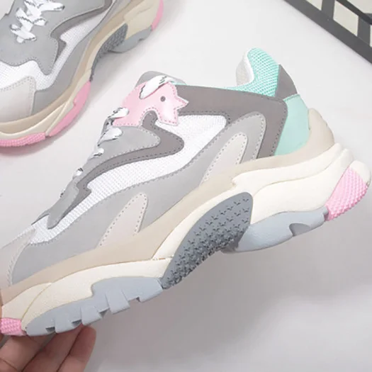 gray pink green Дизайнерская обувь на платформе; женские Роскошные туфли на толстой подошве; коллекция года; винтажные женские кроссовки спортивные дышащие кроссовки из сетчатого материала - Цвет: gray pink green