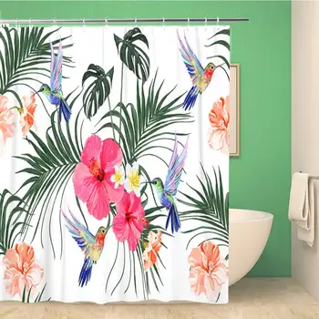 

Bathroom Shower Curtain Beautiful Floral Summer Pattern Hummingbird Palm Leaves Hibiscus Tropical Waterproof Bath Curtain Set