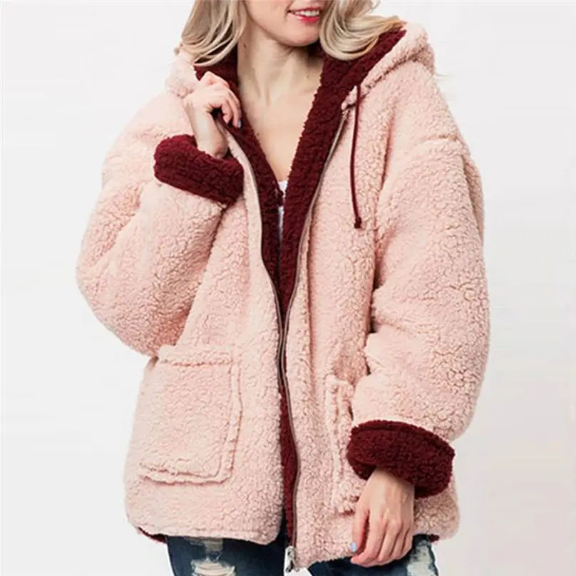 2019 New Winter Reversible Jacket Women Fashion Faux Fur Hooded Plush Zipper Pocket Reversible Coats куртка женская 4A21 (13)