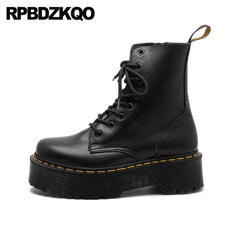 

combat shoes round toe women muffin fall british real leather high heel military front lace up casual ankle boots autumn genuine