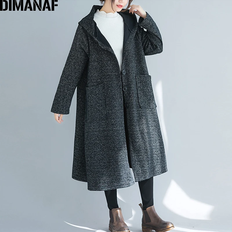 Dong99396CN-hei DIMANAF зимние женские пальто больших размеров винтажная шерстяная и смешанная утепленная одежда Офисная Женская верхняя одежда Свободное пальто с капюшоном - Цвет: Dong99396CN-hei