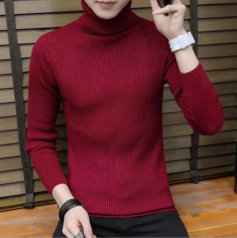 wine red-style 2 Зимняя Толстая Теплая мужская водолазка с высоким воротом, Брендовые мужские свитера, приталенный пуловер, мужской трикотаж, Мужской Двойной воротник - Цвет: wine red-style 2