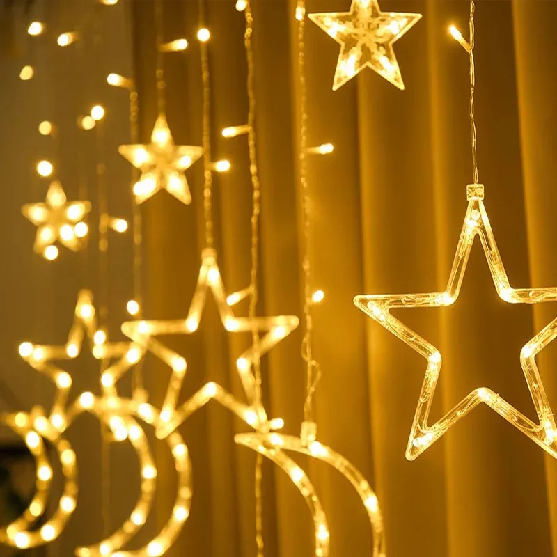 2,5 м светодиодный светильник для рождественских занавесок с Луной и звездами, ЕС/США, наружная/домашняя гирлянда, гирлянда, Сказочная лампа для вечерние, свадебные, праздничные украшения