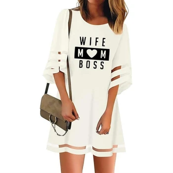 

Dress WIFE MOM BOSS Letters Print Mesh Stitching Dress Women Dresses Vestidos Clothing Maxi Zanzea Floral