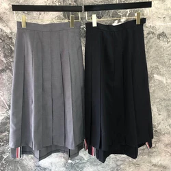 2022 Fashion Brand Tb Pleated Skirt Women Preppy Style Split Mid-calf Skirts Lady Empire Falda Gray Blue JK Uniform Jupe Femme