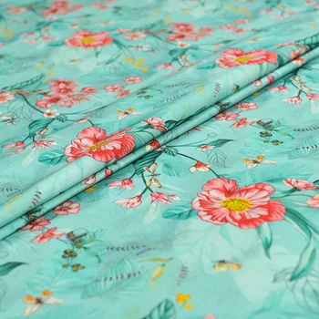 

130CM Wide 19MM Orange Red Floral Print Stretch Green Blue Silk Fabric for Summer one-piece dress Shirt Clothes J244