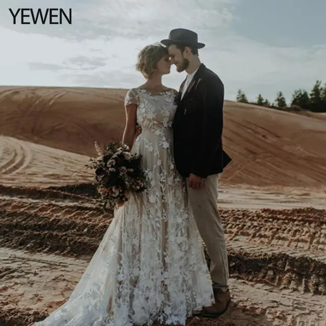 Abito da sposa Beige bohemien con maniche corte in pizzo 3D aperto indietro abito  da sposa nudo A line abito da sposa fotografia YEWEN|Wedding Dresses| -  AliExpress