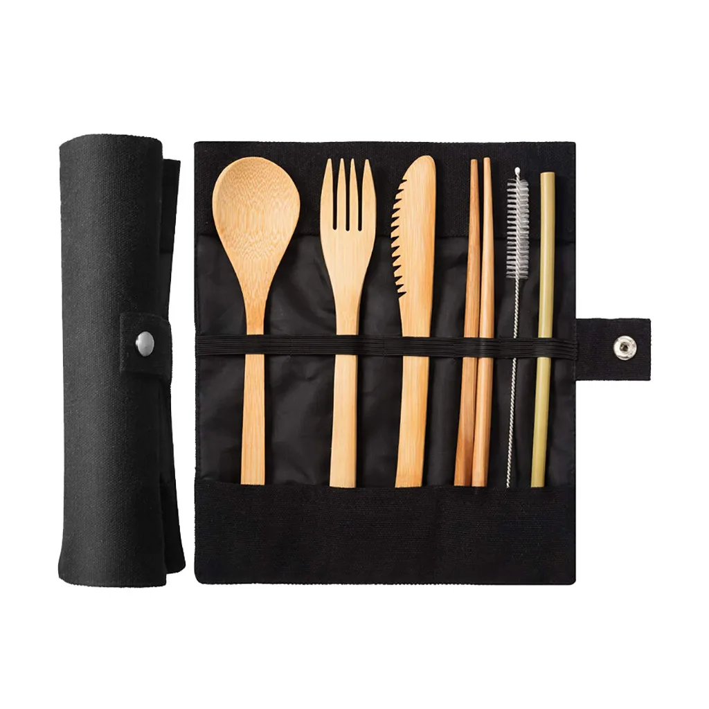 

Travel Cutlery Flatware Bamboo Utensils SetReusable Eco Friendly Portable Bamboo cutlery set canvas 7-piece tableware new F912