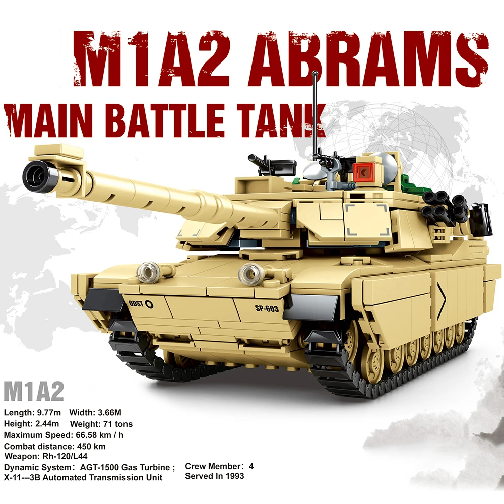 1052PCS US M1A2 Abrams Main Battle Tank Military Building Blocks WW2 Bricks Army Soldier Figures Toys For Kids Children | Игрушки и