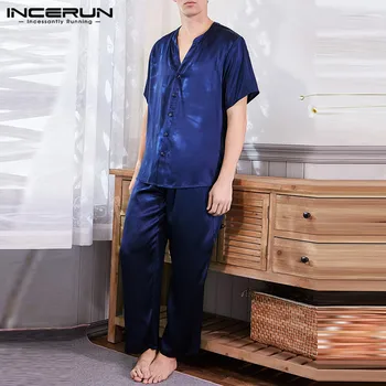 

Fashion Men Pajamas Sets Solid Color Homewear Short Sleeve V Neck Sleepwear Pants Casual Men Nightwear Sets Clothes INCERUN 7
