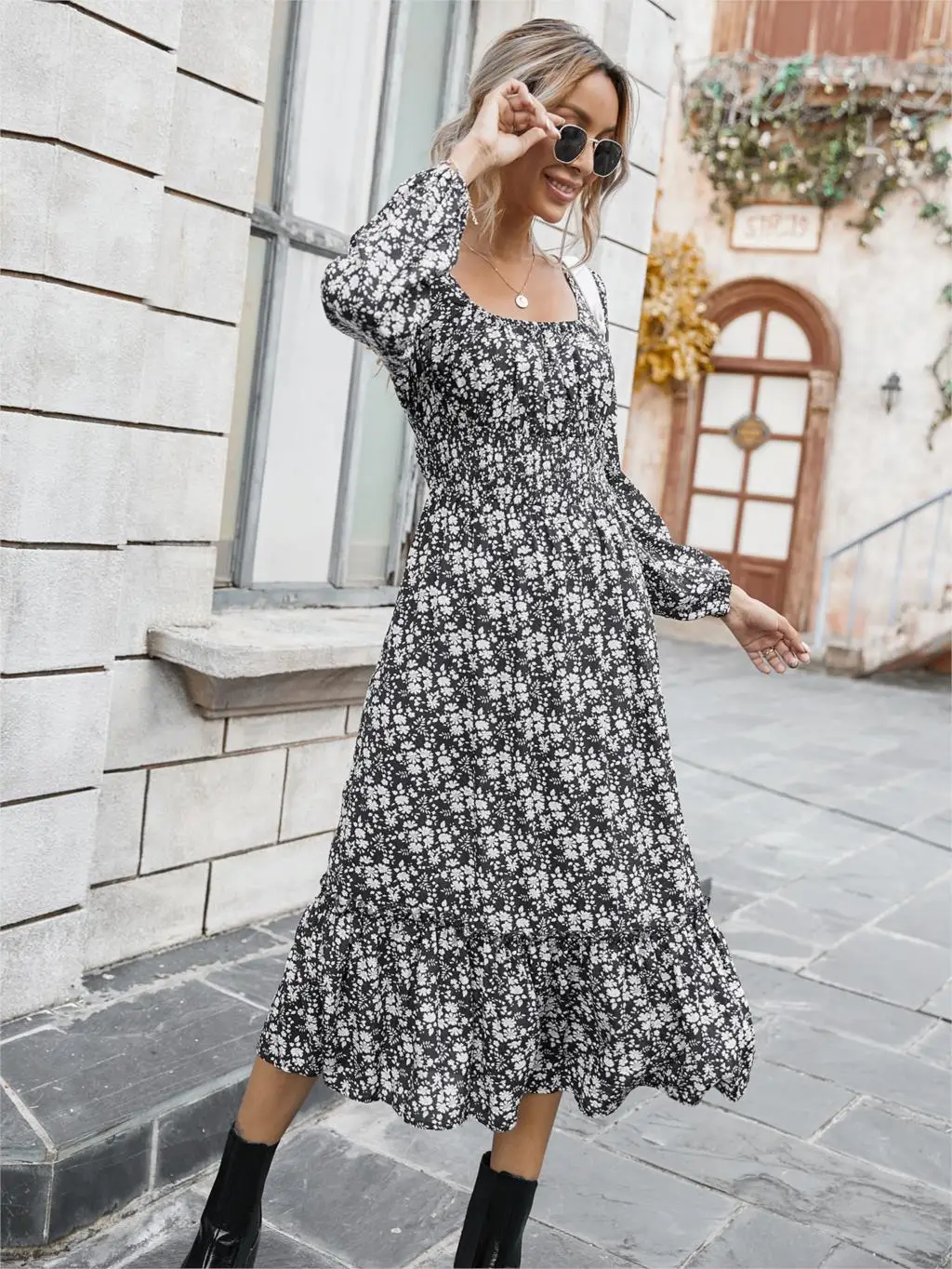 Chifirena Elegant Party Mid-Length Vintage Autumn Dress Women Square Collar Floral Print Ruffles Casual Dresses Minie Vestidos