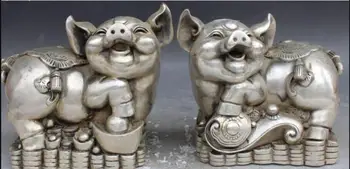 

17CM Chinese Fengshui Silver zodiac Year Pig Pigs Hog Hogs Animal Statue Pair
