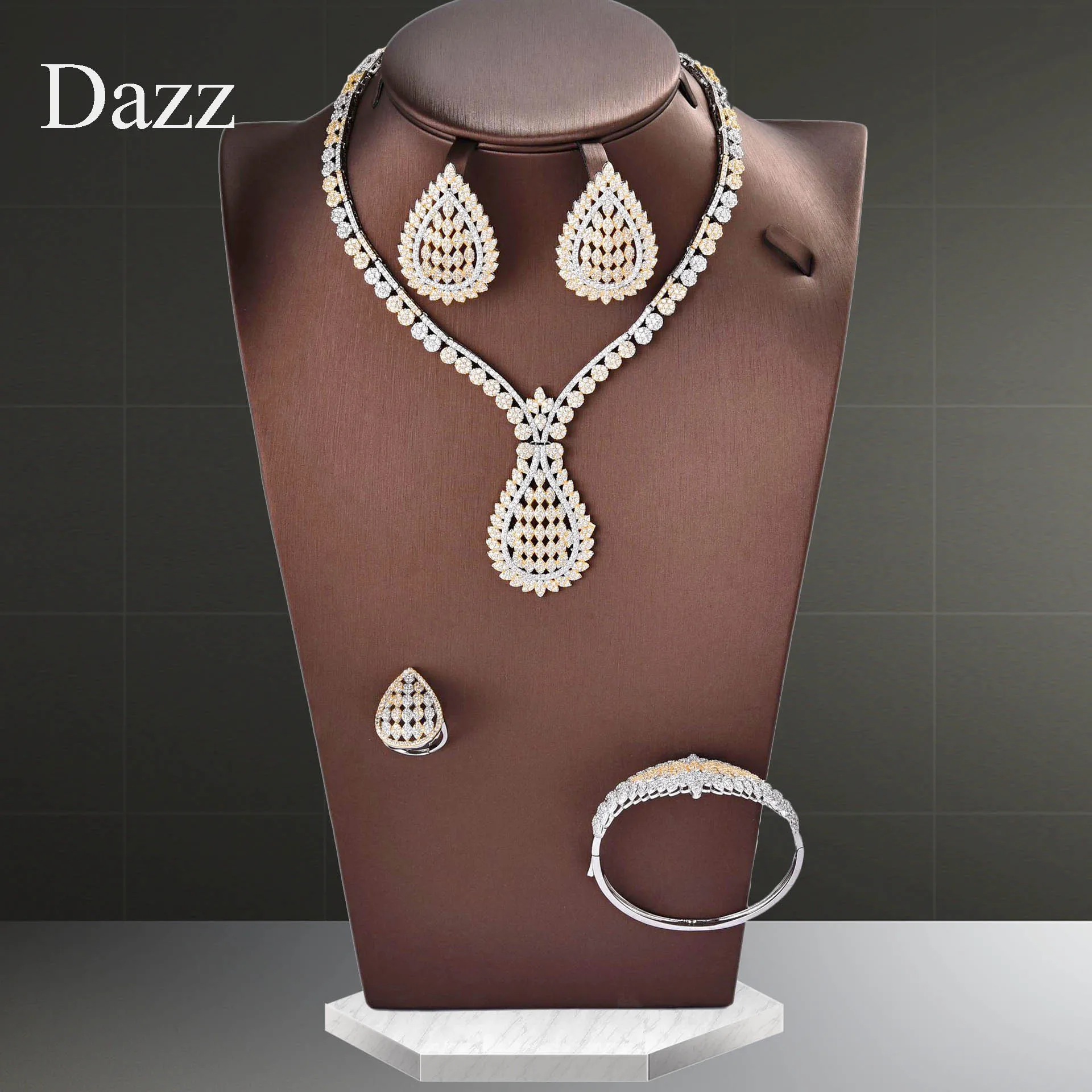 Dazz 4 шт., роскошные серьги в виде листьев растений, Висячие цепочки и ожерелья, ювелирный набор для женщин, для свадьбы, Дубай, невесты, циркониевое кольцо, браслет, модные аксессуары