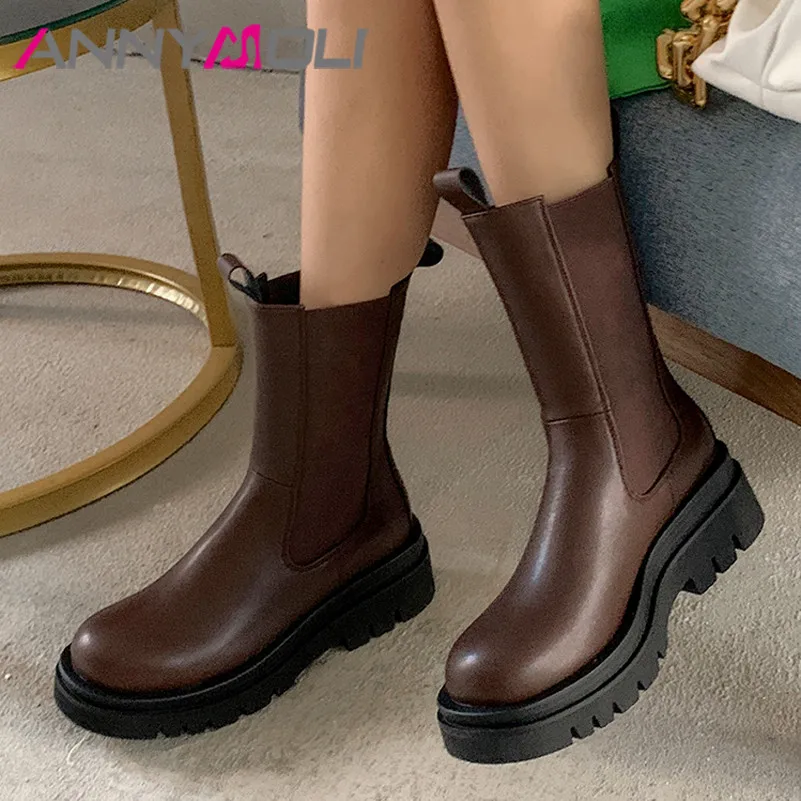 

ANNYMOLI Chelsea Boots Woman High Heel Ankle Boots Platform Chunky Heel Short Boots Round Toe Ladies Shoes Autumn Winter Size 43