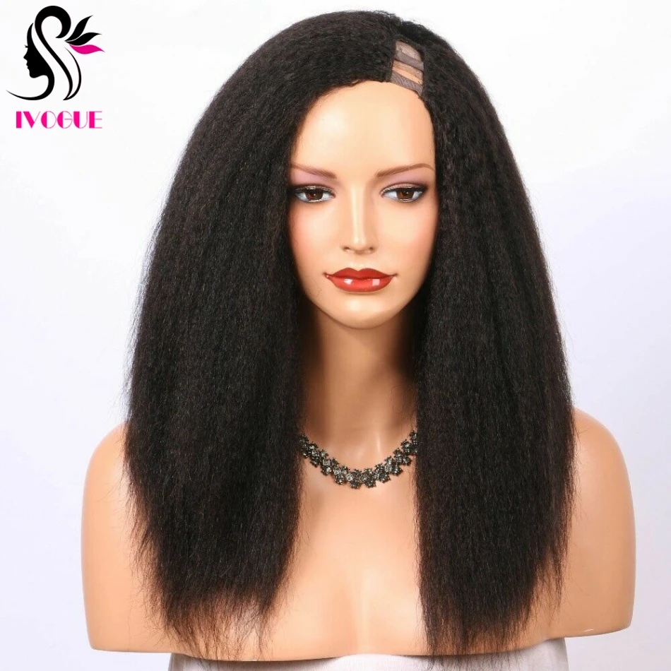 

Yaki Straight Glueless Human Hair Wig Peruvian Remy Hair U Part Wig Kinky Straight Upart Wig Middle Left Right U Openning 1"x4“