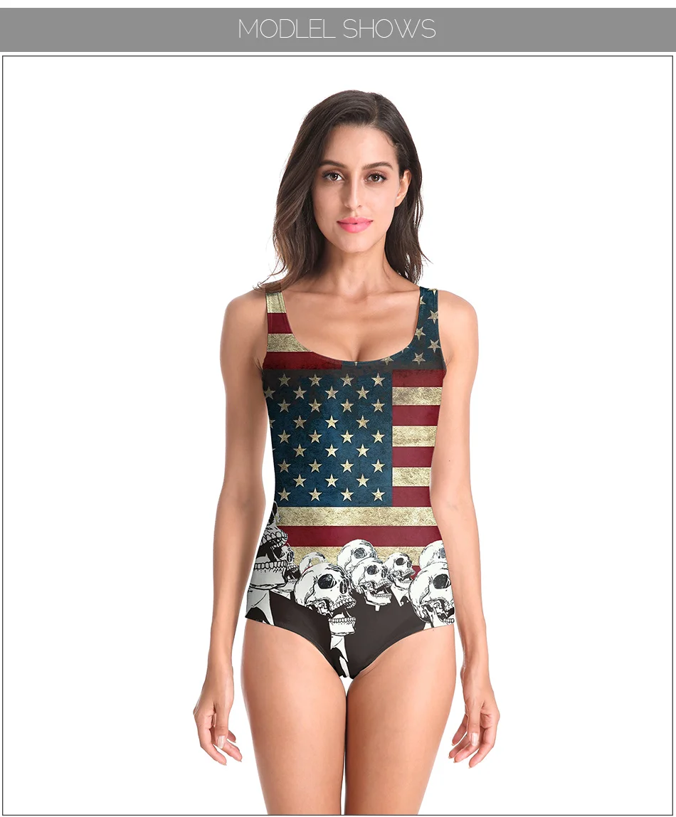 New Sleeveless hot usa flag with skull Sexy 3D Beach Style Suit Printed Girl Swimsuit One Piece Swimwear women Cosplay Funny