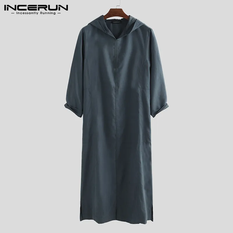Gray INCERUN Мужская мусульманская одежда с длинным рукавом с капюшоном Обычная Саудовская Аравия Дубай халаты винтажный исламский, Арабский Кафтан для мужчин jubba tobe - Цвет: Gray
