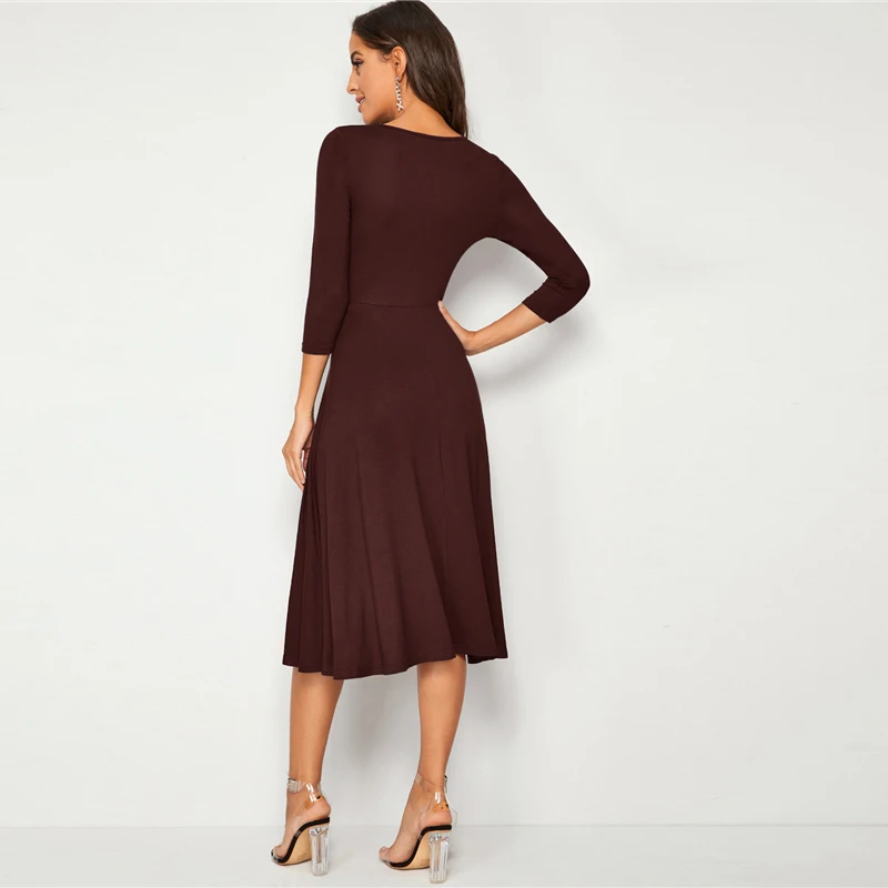 SHEIN однотонное облегающее и расклешенное эластичное элегантное платье для женщин осень 3/4 Длина рукава Высокая талия женские миди платья