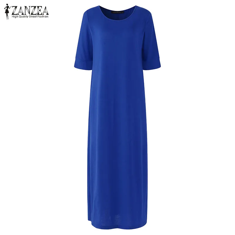 Модное женское платье-рубашка с открытыми плечами и коротким рукавом ZANZEA, Осеннее сексуальное платье с высоким разрезом, Длинные Топы, повседневная работа, OL Blusas Vestido - Цвет: Синий