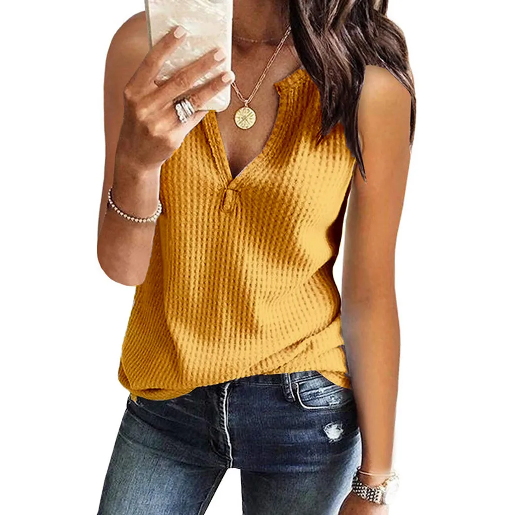 Venta caliente Blusa holgada informal de punto para verano sin mangas, Camisa lisa con cuello de pico para mujer DdG3Bn7gJ