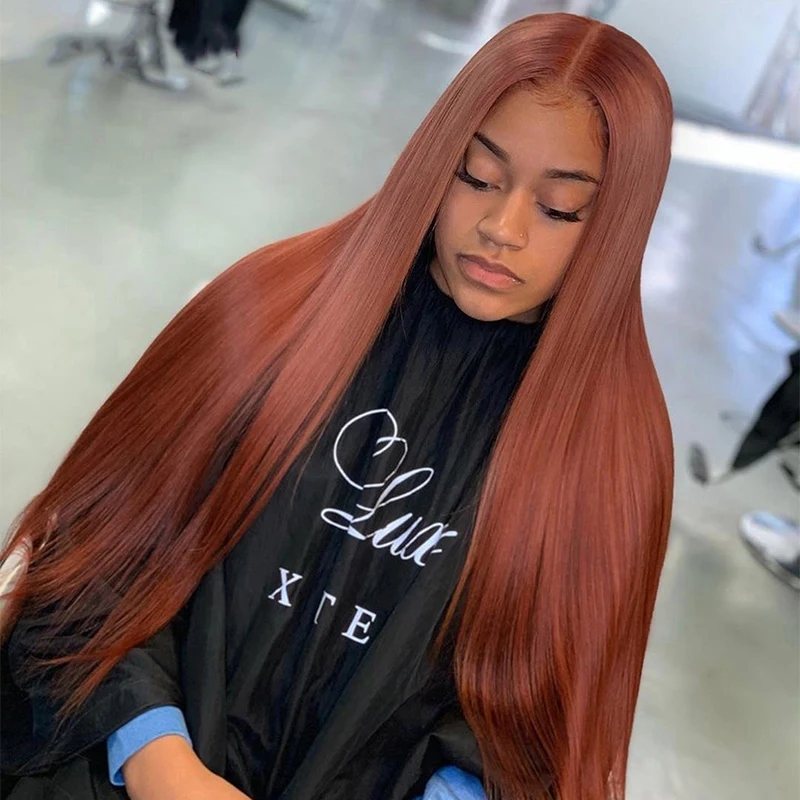 Wigs Human-Hair Auburn Lace-Front Straight Brazilian Brown Pre-Plucked Black Women 13x4