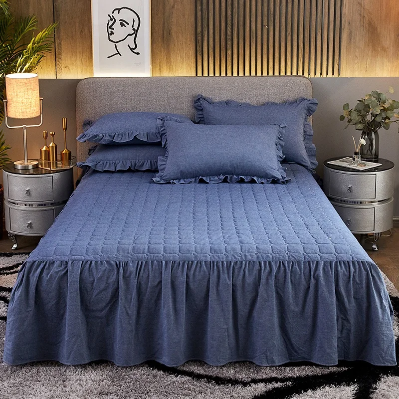 

Europe Denim Blue Bedding Bed Skirt Pillowcases With Cotton Solid Color Thicken Quilted Ruffles Mattress Cover Sheet Linen 1.8M