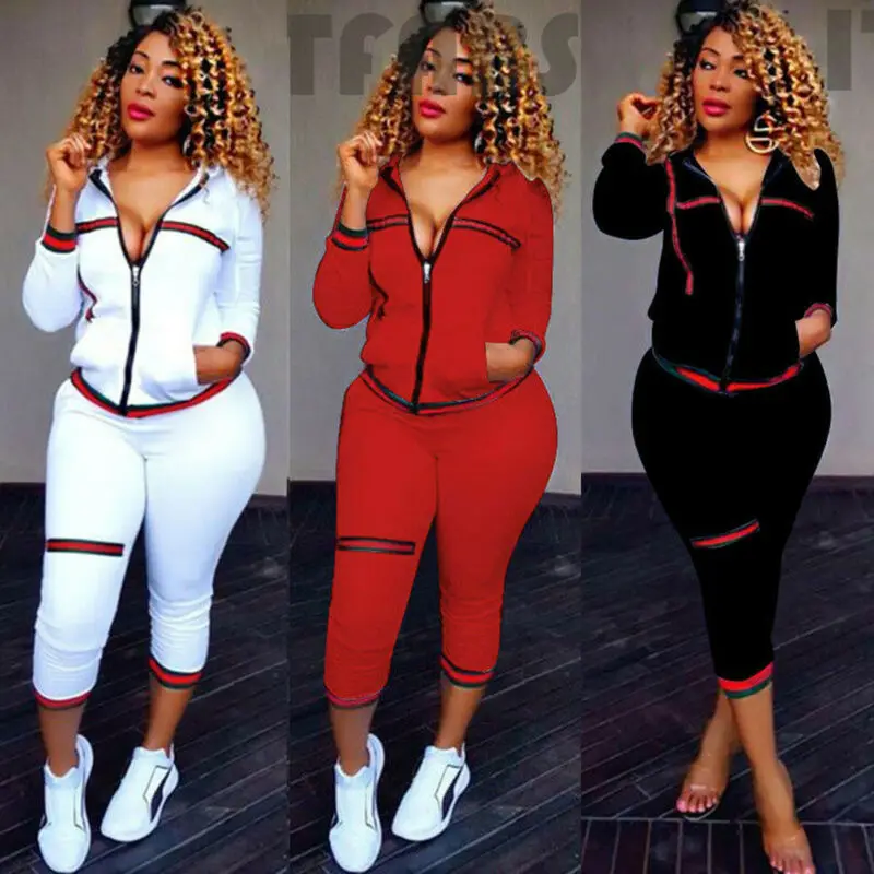 

2Pcs Women Autumn Winter Solid Red Striped Zipper Hip-hop Tracksuit Hoodie Sweatshirt Tops Pants Set Casual Sportswear 3 Colors