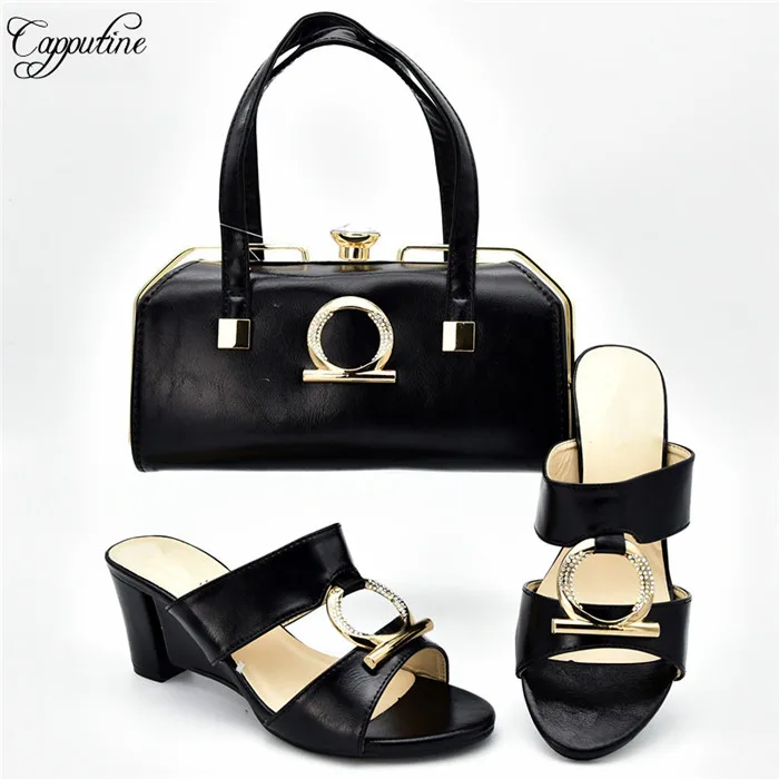 

Graceful black office lady high heel sandal shoes and bag set 333-6 heel height 7.5cm. 5 color