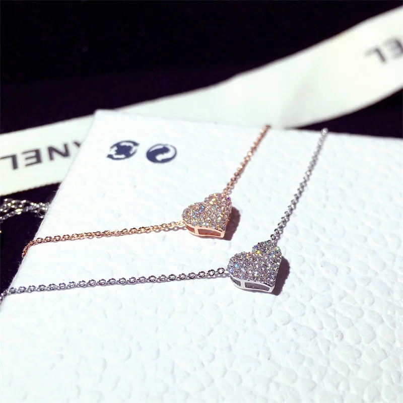 Halsketten mit Herzanhänger aus echtem 925er-Sterlingsilber für Damen, klarer AAA-Zirkon mit Rolo-Kette, Kragen-Set, koreanisch, stilvoll – Detail 5