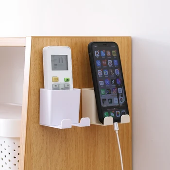 

Wall-mounted Remote Control Storage Box with Hook Adhesive Power Plug Socket Holder Phone Charging Stand Hanging Storage Rack