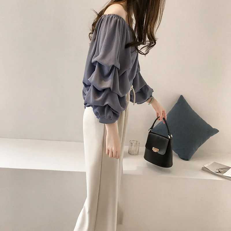 

Spring New Style Korean-style Elegant Horizontal Neck off-Shoulder Chiffon Blouse Women's Loose-Fit Bubble Tops Slimming Solid C
