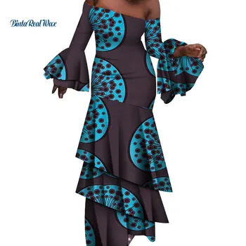 

Ankara Print Long Dresses Draped Ruffles Dress African Dresses for Women Bazin Riche Traditional African Clothing WY4707