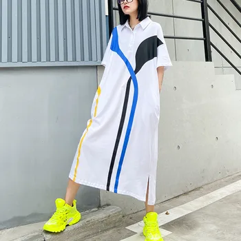 

XUXI Sexy Dress Long Large Size Loose Stitching Color Contrast Temperament Short Sleeve Slim Long Summer Vintage 2020 FZ1943
