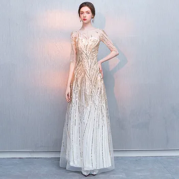 

Elegant Embroidery Chinese Dresses Sequins Mesh Cheongsam Noble Champagne Evening Party Dress Women 2020 New Prom Qipao