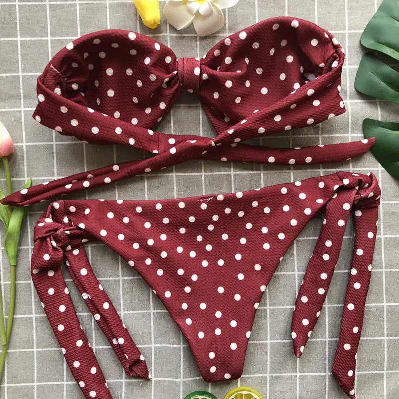 Сексуальное пляжное купальное Бикини Топ с вырезами и бантиком в горошек женский
