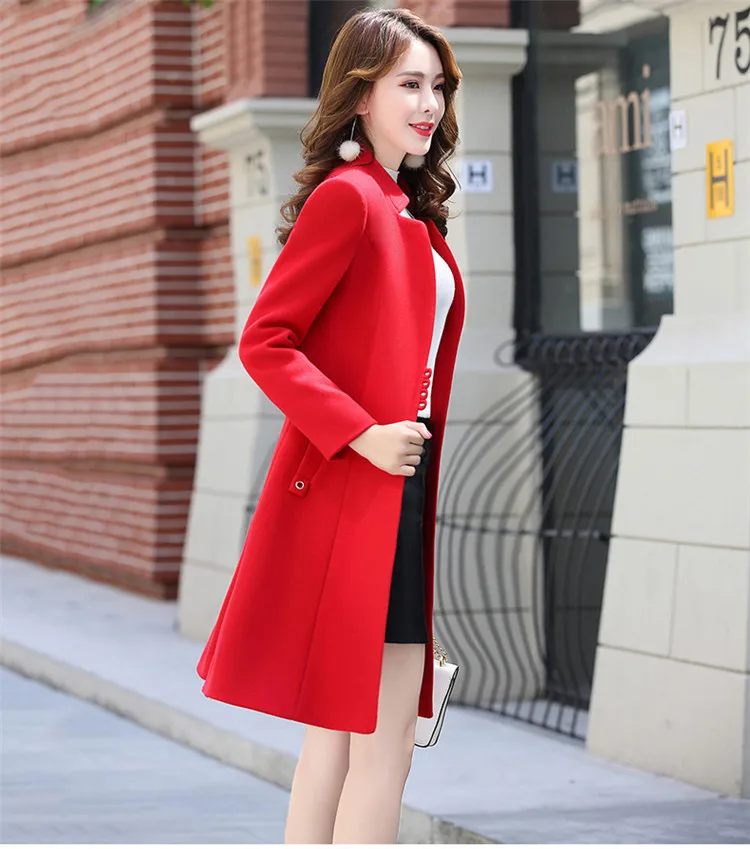 Женское элегантное шерстяное пальто для офиса осень зима однобортная Длинная шерстяная куртка женская верхняя одежда красный тонкий WC2