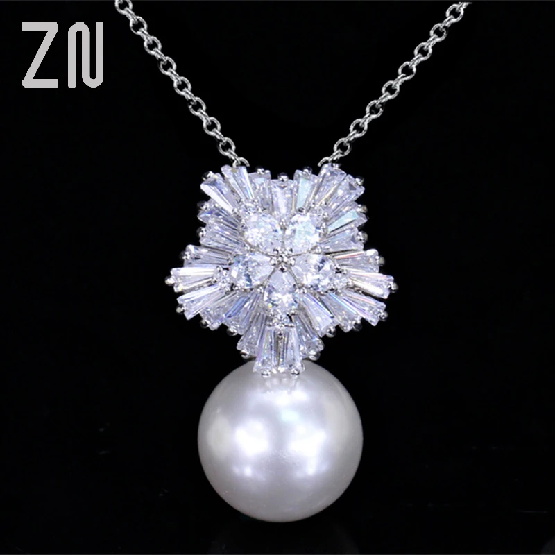 

New Silver Color Elegant Women Big White Pearl Pendant Charm Necklace With Cubic Zirconia Fashion Jewelry For Women