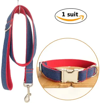

Dog Leash Collar Set Leash Adjustable Outdoor Cowboy Pet Collar Set Jean Leash Collar Heavy Duty Denim Dog Leash Collar Red
