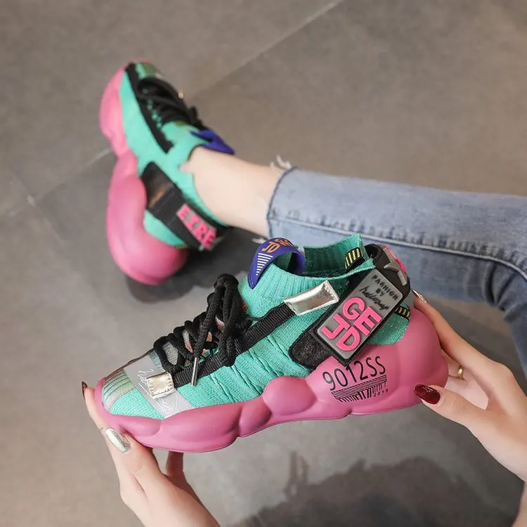 

Fly Woven Breathable Elasticity Socks Shoes 2019 Summer New Style Reflective Online Celebrity Dad Shoes Thick Bottomed Platform