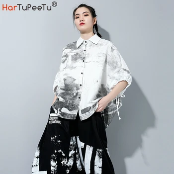 

out of stock Casual Shirts Oversize Women 2020 Summer Vintage Print Tops Irregular Batwing Half Sleeve Drawstring Lace-up Cuff