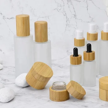 

30ml 4oz osted glass Cosmetic container Emulsion spray pump empty bottle cream jar with Eco friendly wood bamboo cap pipette lid